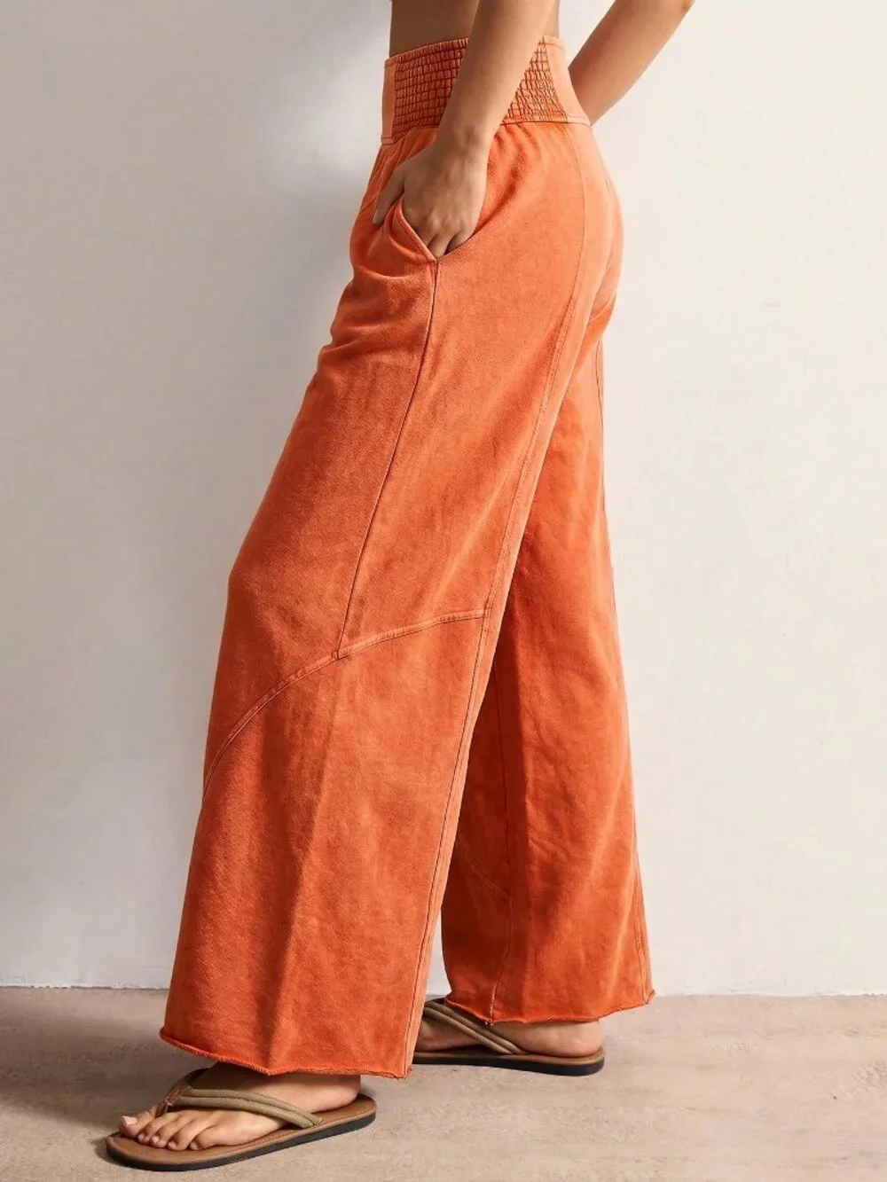 Orange Casual Women's Boho Knit Loose Wide Leg Washed Long Pants